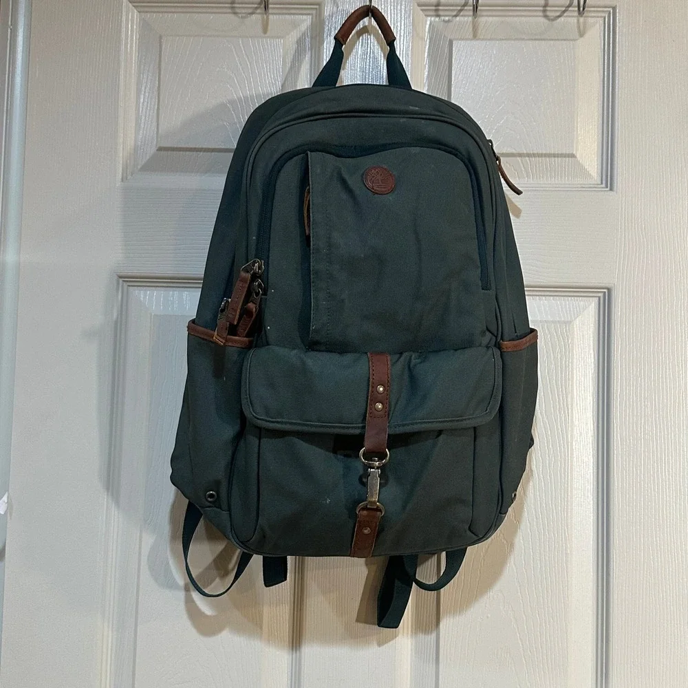Timberland Canvas‎ Backpack Forest Green Leather Trim Outdoor Laptop Bag Travel